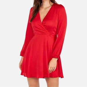 NEW Express Women's Long Sleeve Surplice Fit And Flare Red Dress - Medium